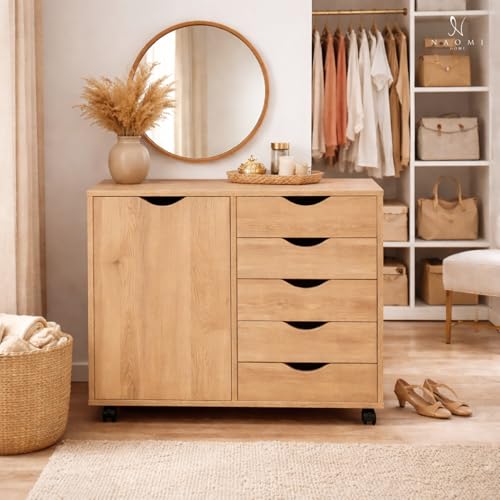 Image of Naomi Home Rolling Storage Cabinet with 5 Drawers & Side Cabinet, Engineered Wood Organizer with Shelves, Handle-Free Design & Swivel Casters for Home Office, Kids Room & Entryway - Natural