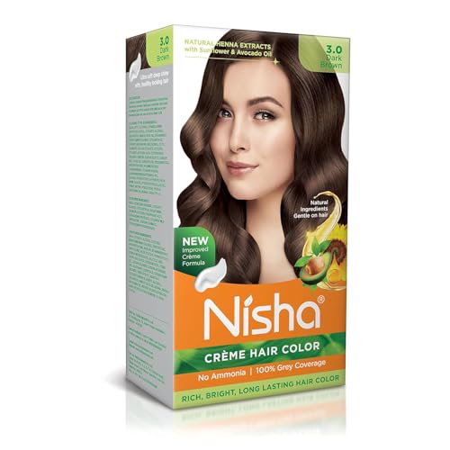 Nisha Creme Hair Color, Permanent Hair Colour Dark Brown, Silky & Shiny 100% Grey Coverage Rich Bright Long Lasting Hair Colouring For Ultra Soft Deep Shine Hair Dye (Pack of 1)