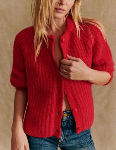 Image of Women's Casual Puff Long Sleeve Crew Neck Cardigan Button Down Open Front Knit Loose Sweater Outwear