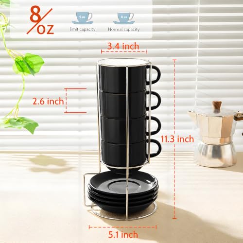 Image of Sweese 8 Ounce Stackable Cappuccino Cups with Saucers and Metal Stand,Black