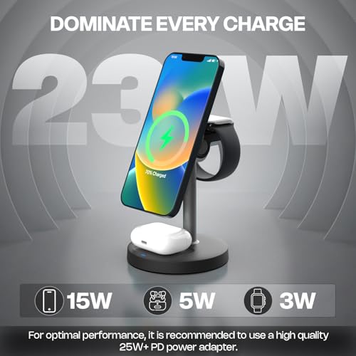 Image of Mozen by Amkette Air 800, 23W Qi2 Certified 3 in 1 Magsafe Charger /Wireless Charger for iPhone 8 & above, wireless charging smartphones, Apple Watch, AirPods /Galaxy Buds, 45 Tilt, Type-C Cable, Black