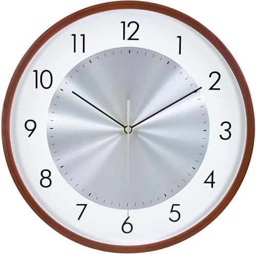 Image of Ash & Roh 12 Inch Woodgrain Silent Wall Clock, Battery Operated with Large Numbers, Non Ticking Analog Decorative Wall Clock for Living Room Bedroom Office Gym Kitchen Outdoor, Brown