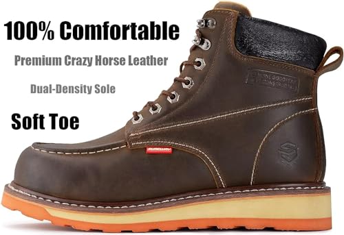 SUREWAY Mens Heavy Duty Soft/Composite/Steel Toe Work Boots for Men-Comfortable,Goodyear Welt,Full Grain Leather,6 in Wedge Moc Toe Construction Boots/Shoes,Soft Toe Brown,Size 8.52