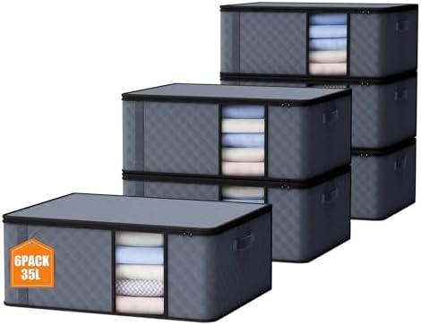 Auveir 6 Stück 35L Aufbewahrungstasche, Aufbewahrungsbox mit Deckel, Große Kleideraufbewahrung Umzugskartons, Faltbare Aufbewahrung Boxen für Bettdecken Decken Kleidung Unterbett K
