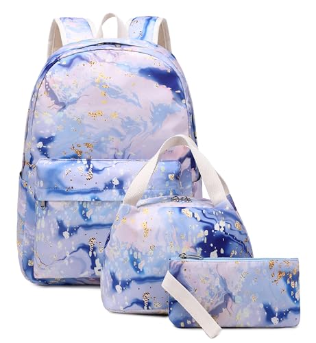 School Backpacks Set for Teen Girls with Lunch Bag Travel Laptop Backpack Casual Daypacks (Blue Golden)