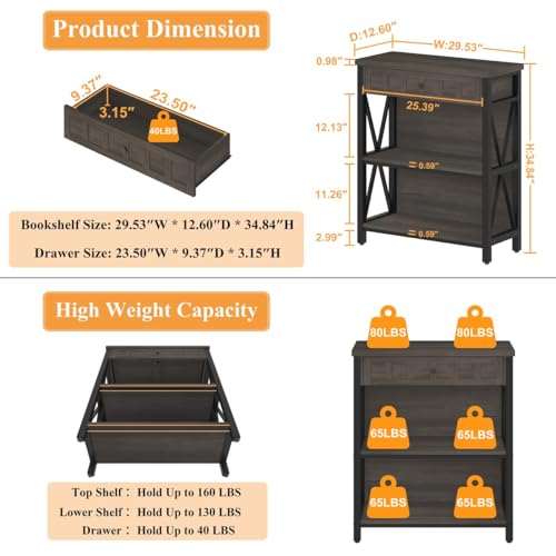 FATORRI Walnut Brown Rustic Bookshelf with Drawer