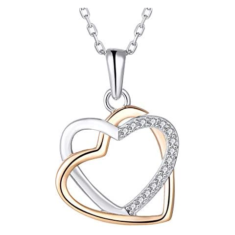 JO WISDOM Heart Necklace,925 Sterling Silver Heart Pendant Necklace with 3A Cubic Zirconia with 2-tone color White Gold and Rose Gold Plated,Jewelry for Women Cover