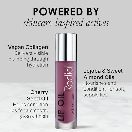 Image of Rodial Lip Oil with Plumping Collagen 4ml - Hydrating Vegan Lip Oil for Fuller, Smoother Lips, Nourishing Lip Care with Cherry, Jojoba & Macadamia Oils, Sheer Grape Gloss Finish