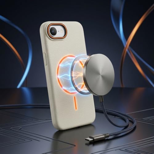 Image of amazon basics Luxury MagSafe Compatible Leather Texture Back Cover for iPhone 17E | Raised Camera Protection | Slim Fit Shockproof Case with Metallic Accents (White)