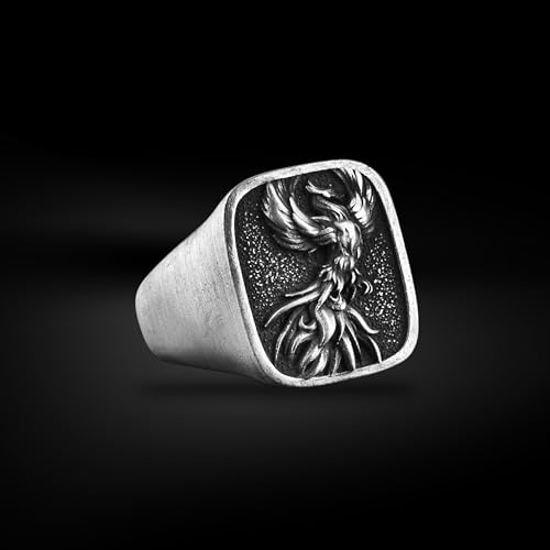 BySilverStone - Sterling Silver Phoenix Fire Bird Men Ring, Square Signet Rings for Men, Best Friend Fantasy Rings, Mythology Ring for Husband, Cool Male Gift Jewelry3