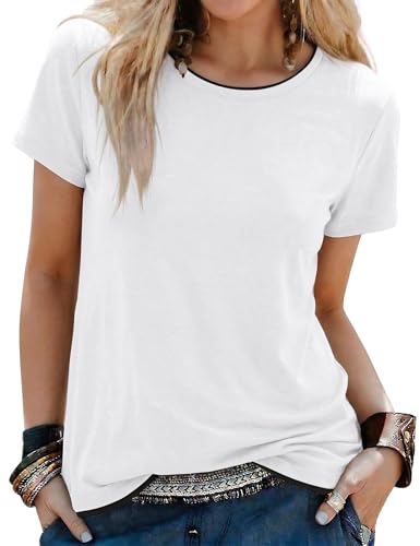 Camiseta Blanco Manga Corta Mujer de Cuello Redondo Camisetas Basicas Corte Suelto T Shirt de Contraste Casual y Versátil Top Verano