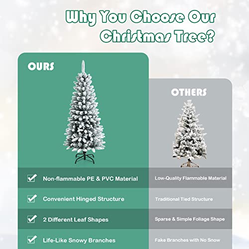 Goplus 4.5Ft Snow Flocked Pencil Christmas Tree, Hinged Artificial Slim Xmas Tree W/ 373 Branch Tips, Folding Metal Stand, Premium Pe & Pvc Material, Unlit Snowy Pine Tree For Indoor Home Office #TOP5