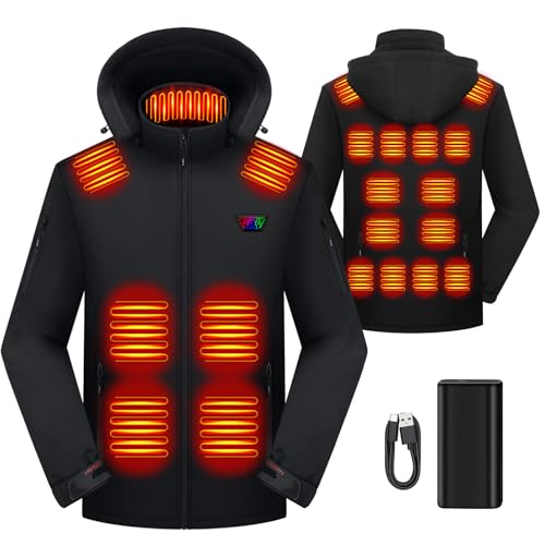 Macocheezee Chaqueta térmica para hombre, abrigo cálido con calefacción eléctrica con batería recargable de 7.4 V, 21 zonas de calefacción, capucha desmontable para invierno y exteriores, Negro, M