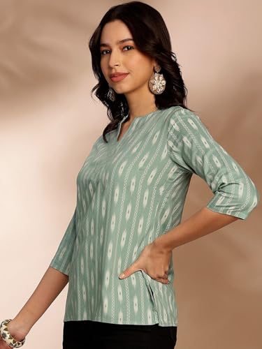 Image of Pinkmint Women's Printed Cotton Blend Short Kurti with 3 /4th Sleeve & Notch Neck l Casual & Office Wear Tunic Shirt Kurti