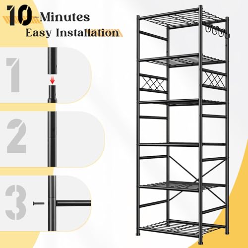 Image of DurayLoly Storage Shelves-6 Tier Metal Shelving Unit with Hooks,Heavy Duty Garage Shelving with Leveling Feet,High Standing Shelf Organizer for Kitchen Pantry Bathroom Dorm,17.7 inchWx11.8 inchD x72.2 inchH,Black