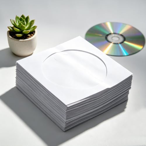 100 PCS Thick White CD/DVD Paper Sleeves with Clear Window and Flap, Dust-Proof Disc Storage Envelopes for CDs, DVDs, Music, Movies and Office Organization — view 6