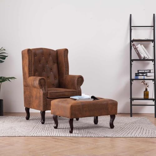FWIKDUN Ensemble de fauteuils et repose-pieds Chesterfield classiques marron aspect daim – Fauteuil de relaxation Chesterfield avec tabouret assorti,...