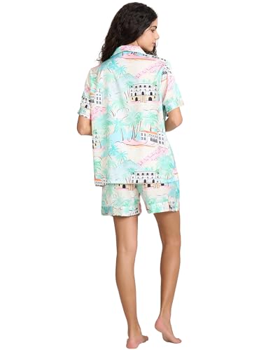 Image of YiNi LuLu Womens Silk Satin Shorts Pajamas Set Button Down 2 Piece Pjs Short Sleeve Oversized Sleepwear with Pockets