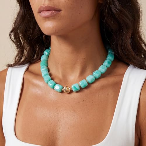 Forgreafa Lake Blue Chunky Beaded Necklace for Women Teal Boho Statement Gemstone Necklaces Fashion Big Resin Dead Summer Choker for Vacation Gifts by Forgreafa - Used condition - Image 2