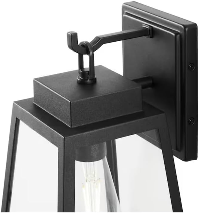 Hampton-Bay Corbin Medium Modern Outdoor Wall Light, 13-inch Black Lantern Sconce, Clear Glass