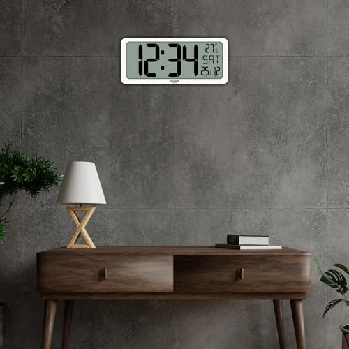 Image of Large Digital Wall Clock 14 Inch - Battery Operated (No Wires), Big Display with Alarms, Day & Date (Indian Format), Room Temperature -Plastic,White