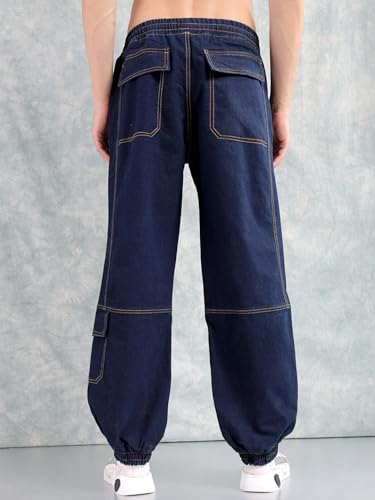 Image of The Indian Garage Co Men Loose Fit Solid Mid-Rise Stretchable Denim Joggers