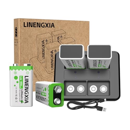 LINENGXIA 9V 450mAh Li-ion Rechargeable 4-Pack with 4-Slot Charger