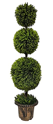 AMERIQUE Gorgeous 5 Feet Dense Triple Ball-Shaped Boxwood Topiary Artificial Tree Silk Plant with UV Protection Indoor and Outdoor, with Decorative Pot, Feel Real Technology, Super Quality, 5', Green