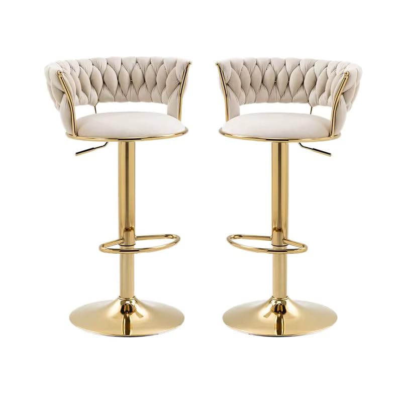 Image of Creative White Velvet Bar Chair | Modern Adjustable Bar Stool for Home, Kitchen & Bar Use | Electroplated Metal Base | 1.87 Feet Seat Height | Tufted Design | Qty 2