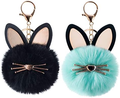 THABLELY 2Pcs Pom Pom Keychain Fluffy Cute Cat Keychain Puff Ball Keychain for Women Bag Purse Car Key Rings (Kitten Green Black)