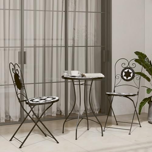 Homgoday Bistro-Set mit Mosaik Schwarz und Weiß aus Eisen und Keramik, Outdoor-Tisch und Gartenstühle, Gartenmöbel, Gartenmöbel-Set