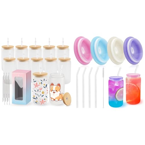 Joyclub Bundle of 12 Pack 16oz Sublimation Frosted Glass Cups with Lids and 4 Pack Acrylic Lids and Glass Straws with Straw Brush Fit