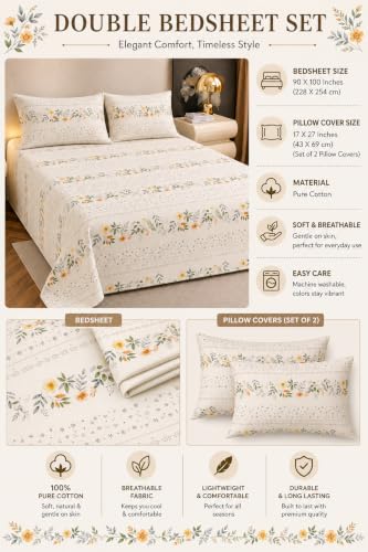 Image of RRC Floral Printed Double Bedsheet with Pillow Cover, 90 x 100 Inches Bed Sheet for Double Bed, Stylish Bedroom Bedding, Soft and Comfortable Bedsheet, Pillow Cover Size 17 x 27 Inches