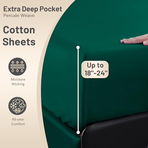 MEISHANG Extra Deep Pocket Queen Sheets Cotton - 1000 Thread Count Sheet Set - Fits 18"-24" in Deep Mattress,100% Egyptian Cotton,Sateen Weave, Soft & Breathable - 4 Piece (Queen, Dark Green)