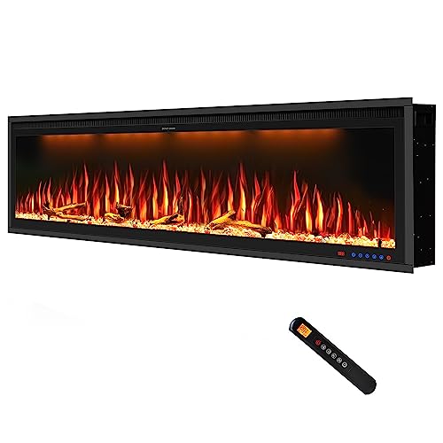Benrocks 74'' Smart Electric Fireplace Inserts, Recessed & Wall Mounted Fireplace, 13 * 13 * 3 Color Combinations, App Control Fireplace Heater, Timer, Logs & Crystals 750/1500W Black #TOP7