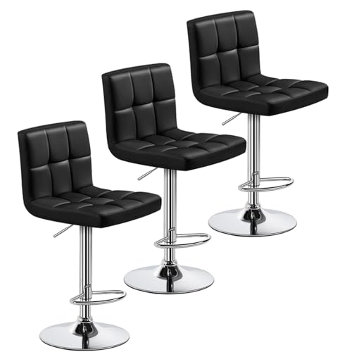 Image of Yaheetech Bar Stools Set of 3, Adjustable PU Leather Swivel Barstools, Modern Counter Stools with Back and Footrest, Counter Height Barstools for Bar, Kitchen, Dining Room, Black