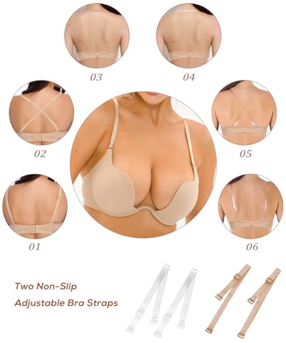 Sexy Code 1701 Womens Low Plunge Push Up Bra with Clear Straps Low Cut Convertible Underwire Padded Cleavage Bra