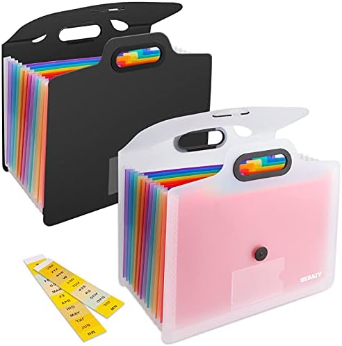 2 Pack 13 Pockets Expanding File Folder with Handle, Letter Size Portable Accordian File Organizer, A4 Document Folder for Office and School