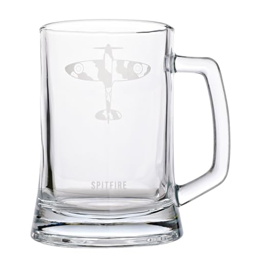 Widdop and Co Officially Licensed Royal Air Force RAF Glass Tankard - Spitfire - Etched Graphic Drinking Beer Mug - Home Bar, Kitchen & Dining Accessory for Men, History & Aviation - 330ml / 11.5oz.