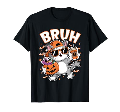 Bruh Cute Halloween Cat Coffee Pumpkin Candy Costume Camiseta