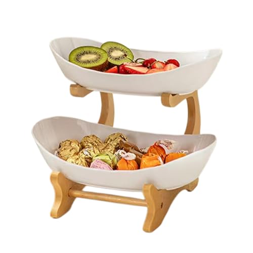 CANTUDADA Countertop Fruit Basket Organizer,Oval Fruit Bowl with Bamboo Stand,Space-Saving Fruits Vegetable Tray,for Snacks Vegetables Dessert Display Serving Tray (White 2 layers)