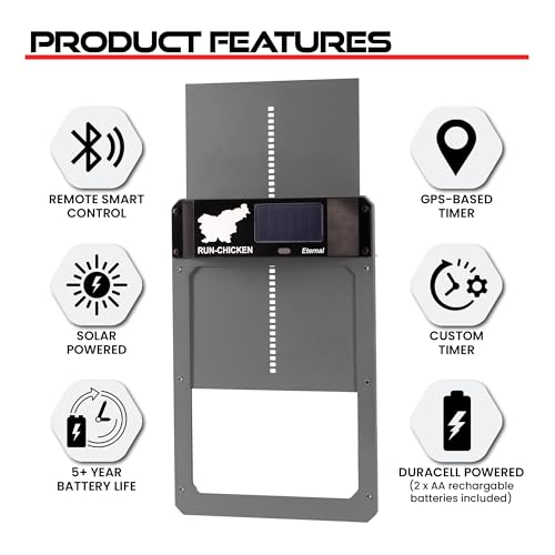 RUN-CHICKEN Door (Gray) Solar Chicken Coop Door, Battery Powered Automatic Chicken Coop Door, Programmable Electric Chicken Door with Timer, Light Sensor, Solar Powered, Eternal