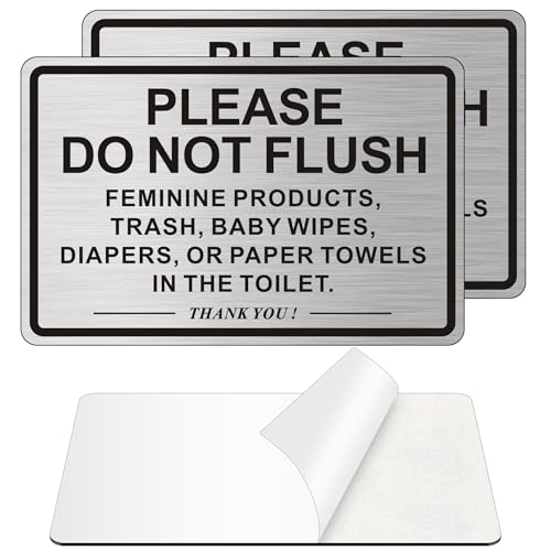 (2 PACK) Do Not Flush Sign for Bathroom Self-adhesive Do Not Flush Anything Except Toilet Paper Sign Aluminum Metal Signs for Business and Home (Brushed Aluminum/Black 9 x 6 inches)