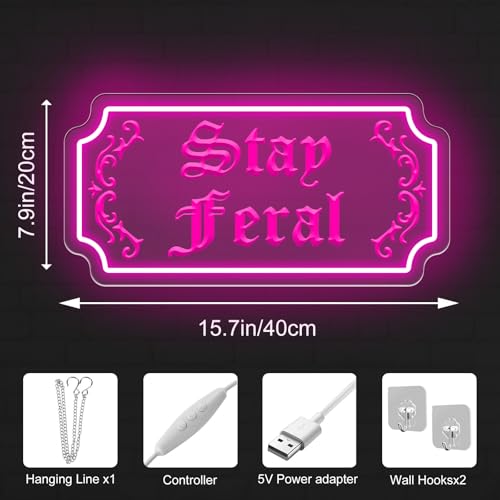 Image of Stay Feral Neon Sign Gothic Decor LED Light Goth Lover Gift | USB Powered Dimmable Halloween Decoration Bat Neon Sign Decor Ghost Spooky Wall Art 15.7 inchx7.9 inch Pink
