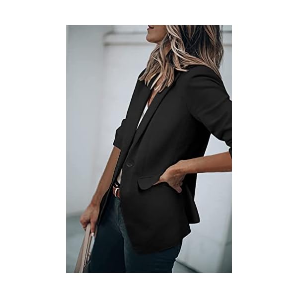 Hotouch Womens Casual Blazers 3/4 Stretchy Ruched Sleeve One Button Work Office Blazer Open Front Jacket S-XXXL Black - Image 5