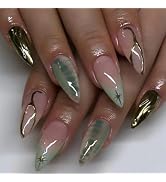 Green Press on Nails Medium Almond Fake Nails French Tip False Nails with Designs Gold Star Cute ...