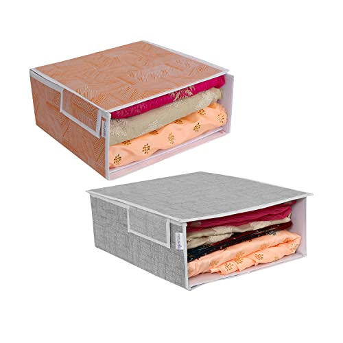 Image of PRETTY KRAFTS Stackable Fabric Saree Storage Organizer for wardrobe, Clear front window with Lid, Stackable organizers, Perfect to organize sarees in a wardrobe, Set of 2, Jute OrangeGrey