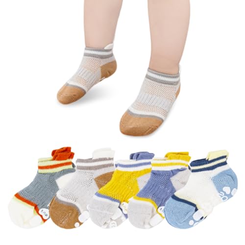 Image of SNOWIE SOFT 5 Pairs Baby Socks Set, Antislip Socks for New Born Baby 0-3 Years, Non Slip Grip Ankle Socks with Non Skid Soles for Infants Baby Shower Gifts