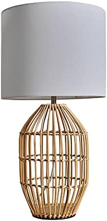 MiniSun Contemporary Small Natural Rattan Cylinder Table Lamp with a White Cylinder Shade
