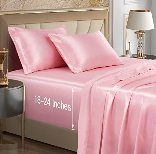 VACVELT 4pcs Extra Deep Pocket Satin Sheets Queen Size Bed Set, Pink Satin Sheet Set Fit 18-24 Inch Deep Pocket Mattress, Silky & Luxury Satin Bedding Set Soft & Ultra Deep Fitted Sheet Set